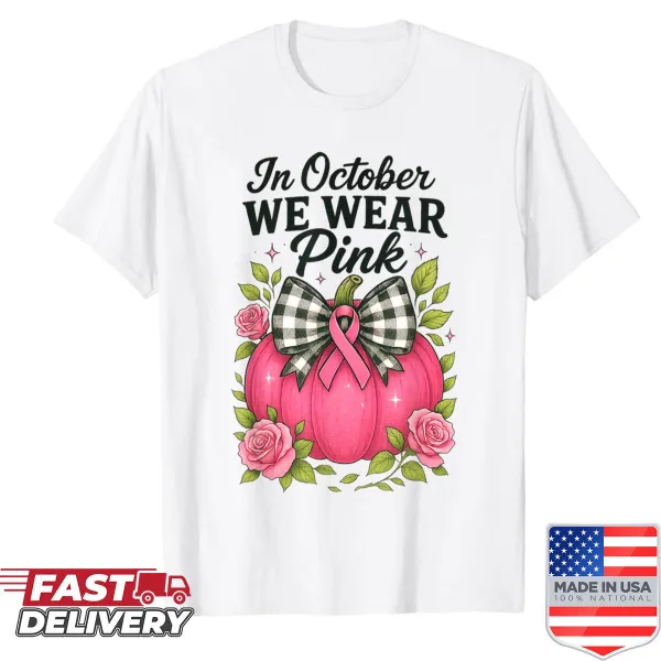 Pumpkin with bow and pink ribbon illustration on shirt