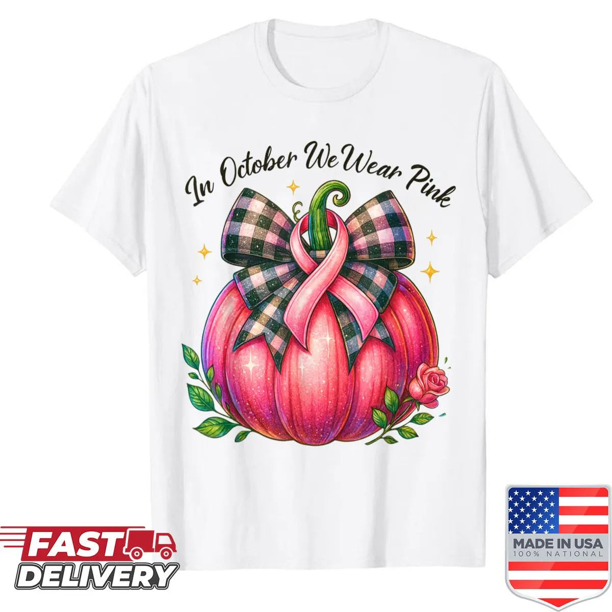 Bow tie pumpkin design with a pink ribbon on a shirt