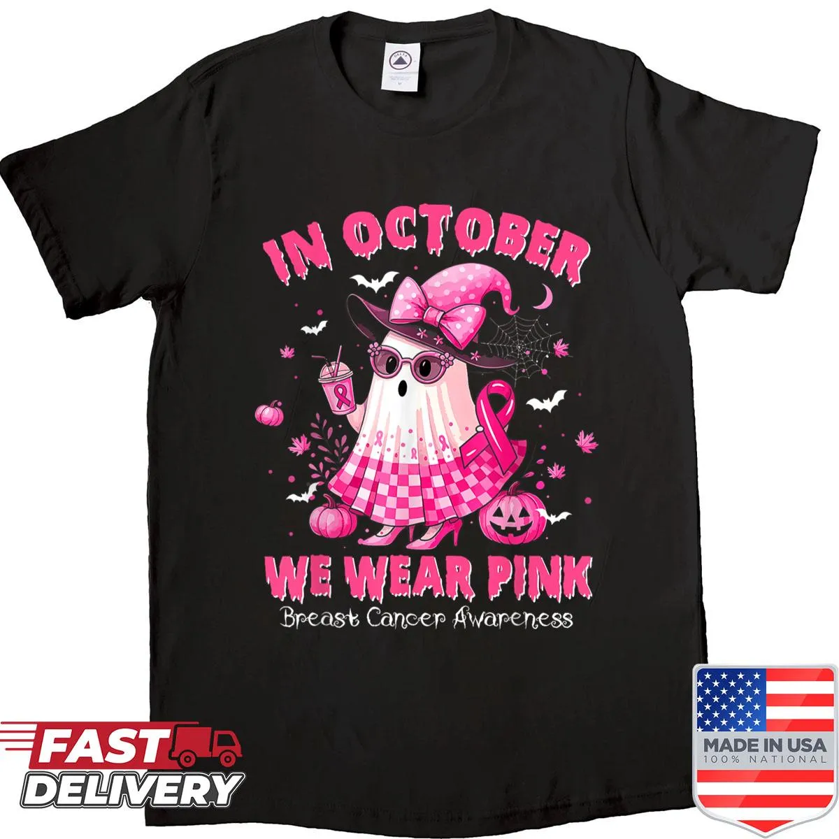 Halloween shirt for women featuring witch and pink awareness design