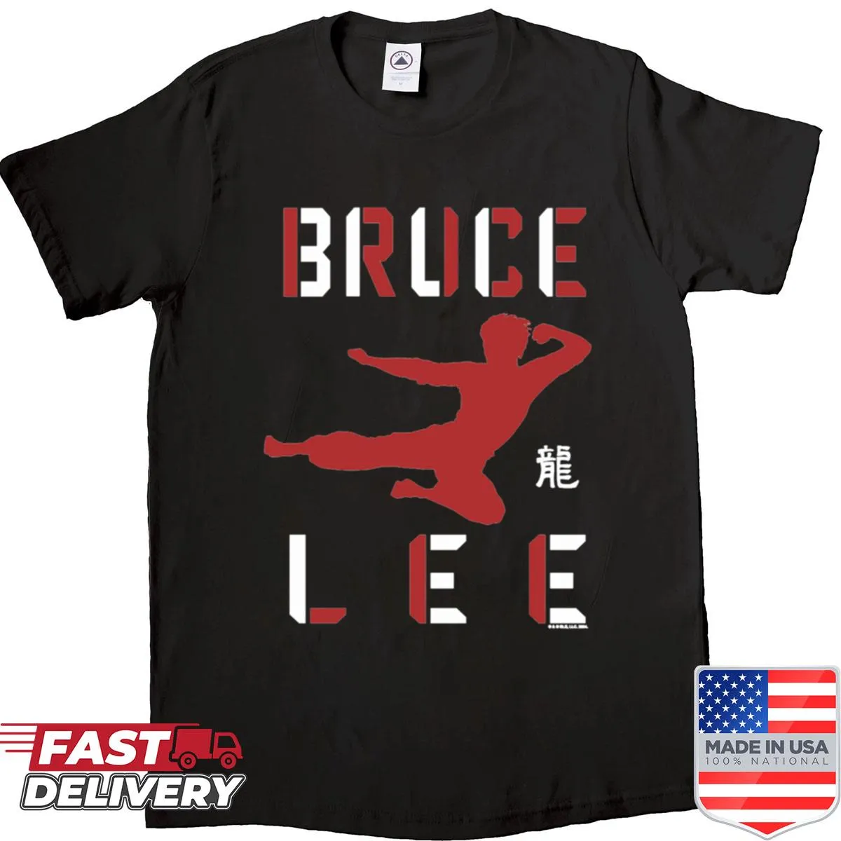Silhouette of Bruce Lee performing a flying kick on T-shirt.