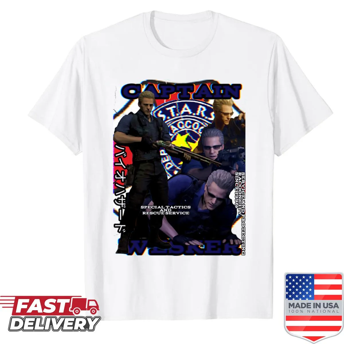 Illustration of Captain Albert Wesker on a vintage-style shirt