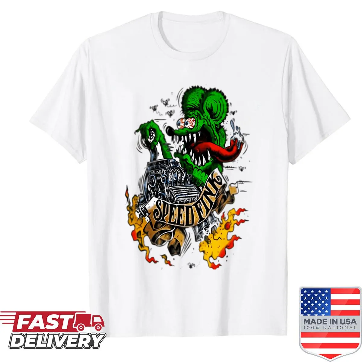 Cartoon design of a groovy rat rod on a vintage shirt