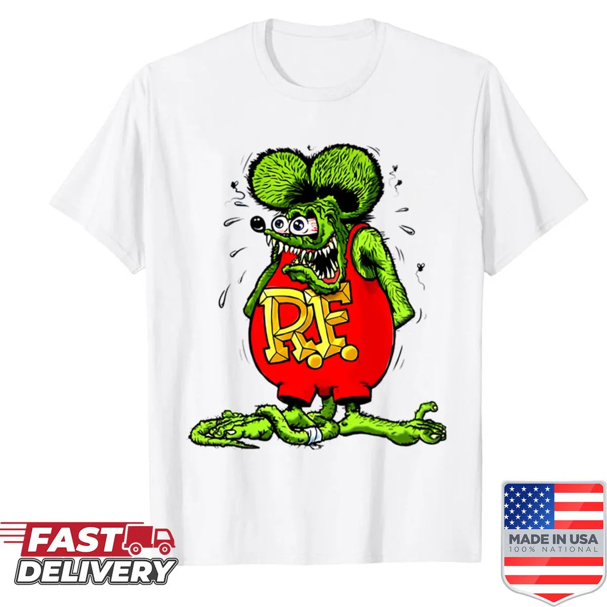 Vintage cartoon monster riding a hot rod with a rat character