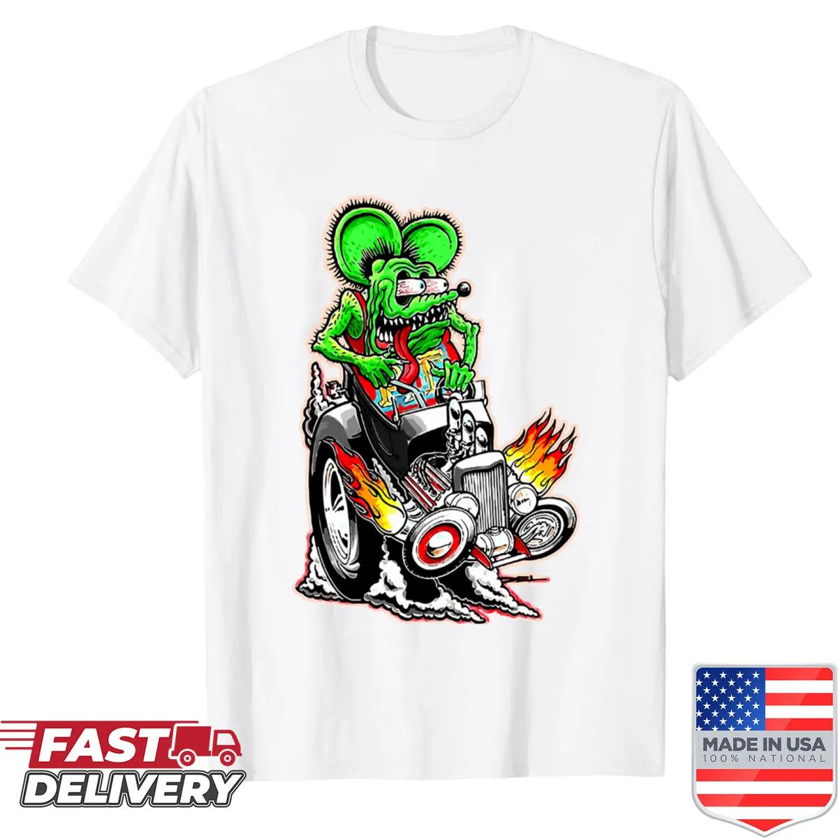 Cartoon vintage rat rod with monster design on a t-shirt