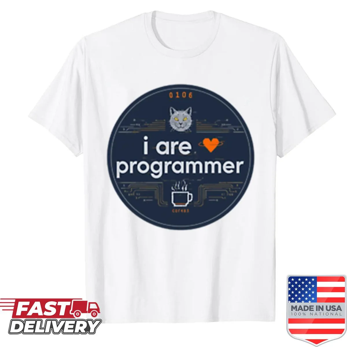 Funny cat programmer graphic with glitch theme on shirt