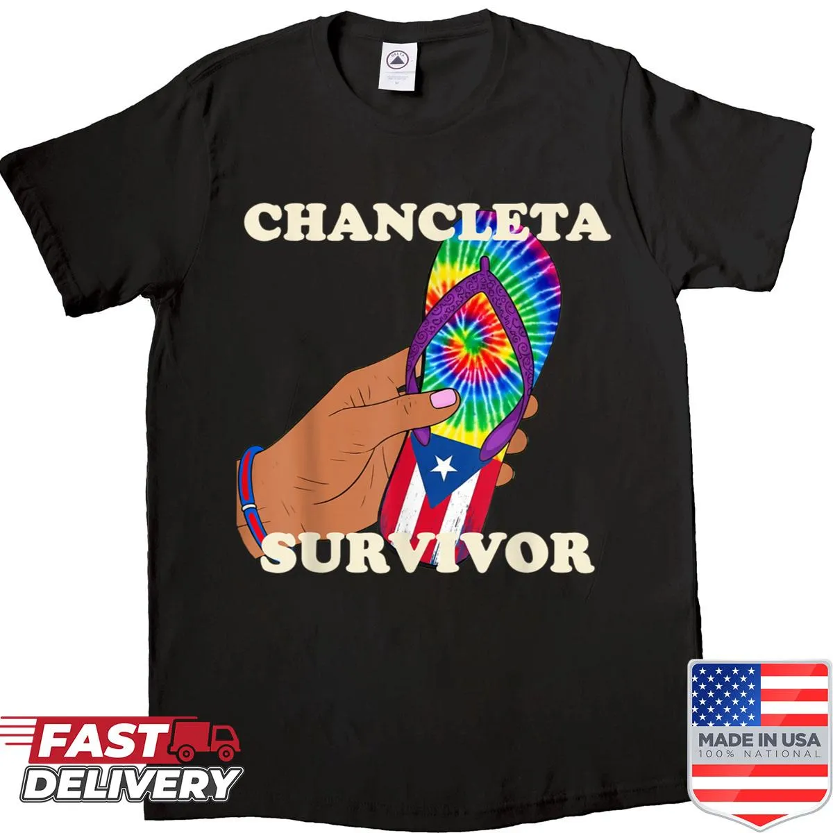 Funny shirt featuring chancleta illustrations and humorous sayings