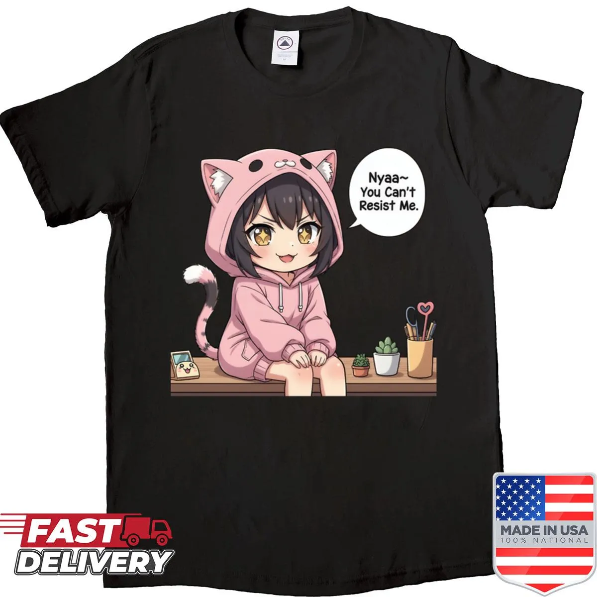 Oversized shirt featuring a chibi catgirl anime character with playful text.