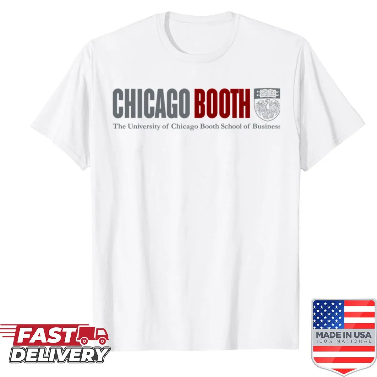 Oversized Chicago Booth School of Business shirt.