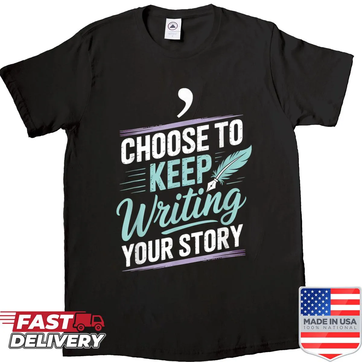 Inspirational typography shirt encouraging personal storytelling