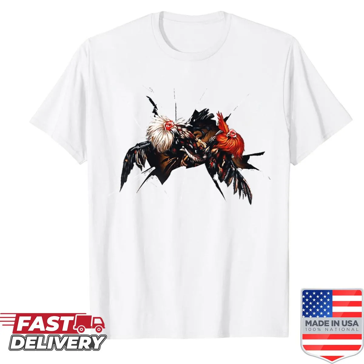 Humorous graphic shirt featuring playful cock fighting illustrations