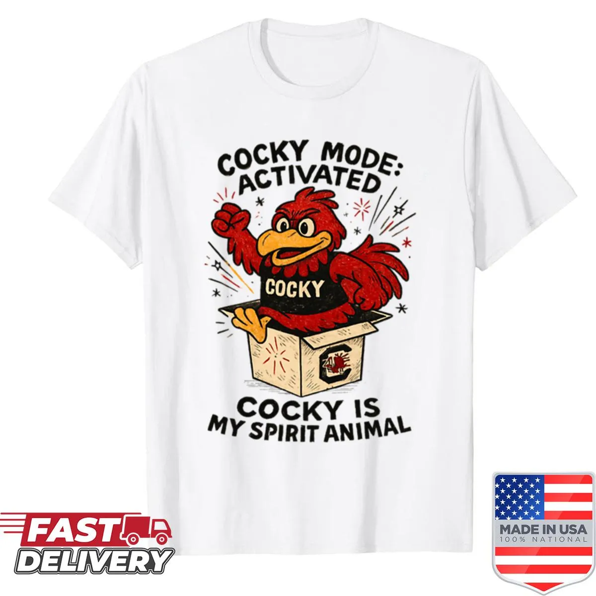Funny graphic shirt with gamecock design and playful text
