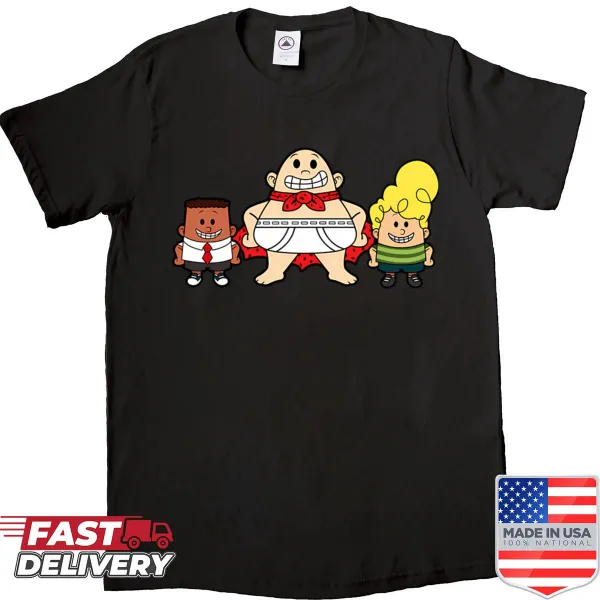 Retro shirt featuring comic strip superheroes and vibrant designs