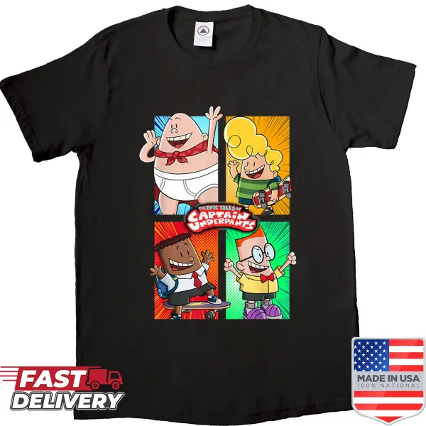 Retro cartoon superhero shirt featuring comic strip panels