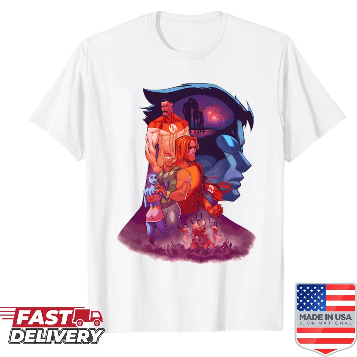 Vintage superhero parody shirt featuring a dad and son motif