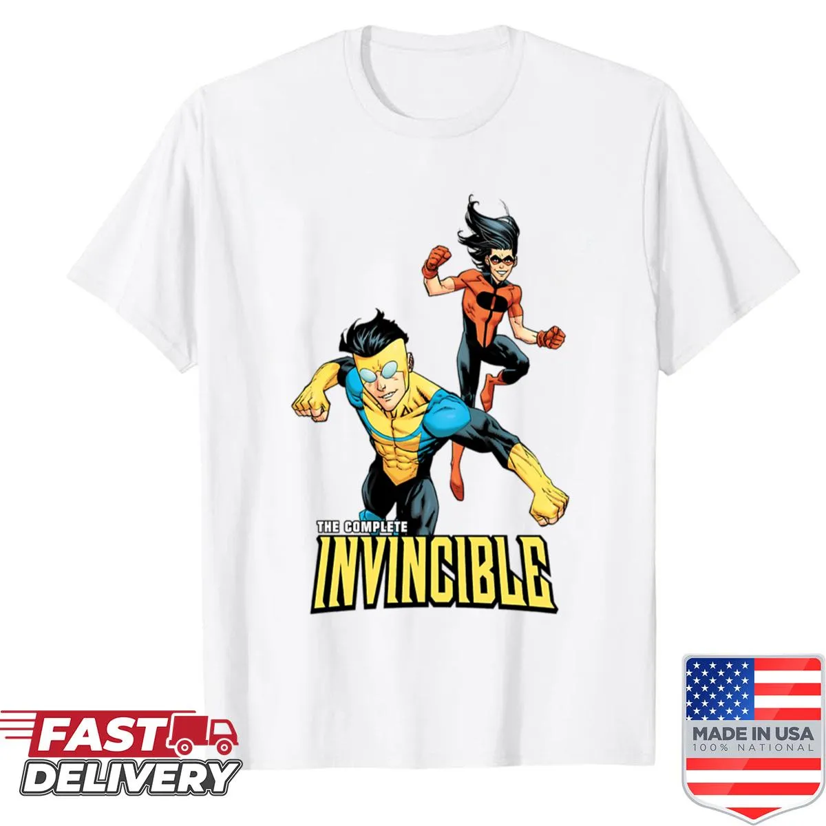 Comic-style shirt featuring a father-son superhero parody graphic