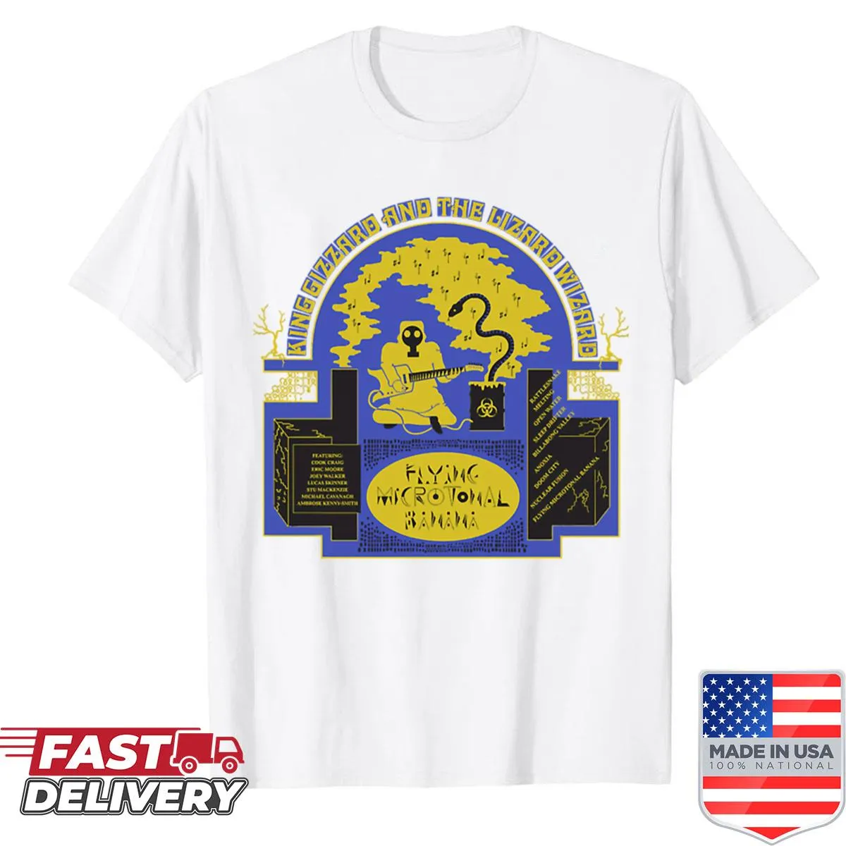 Vintage concert shirt featuring classic band logos in distressed style