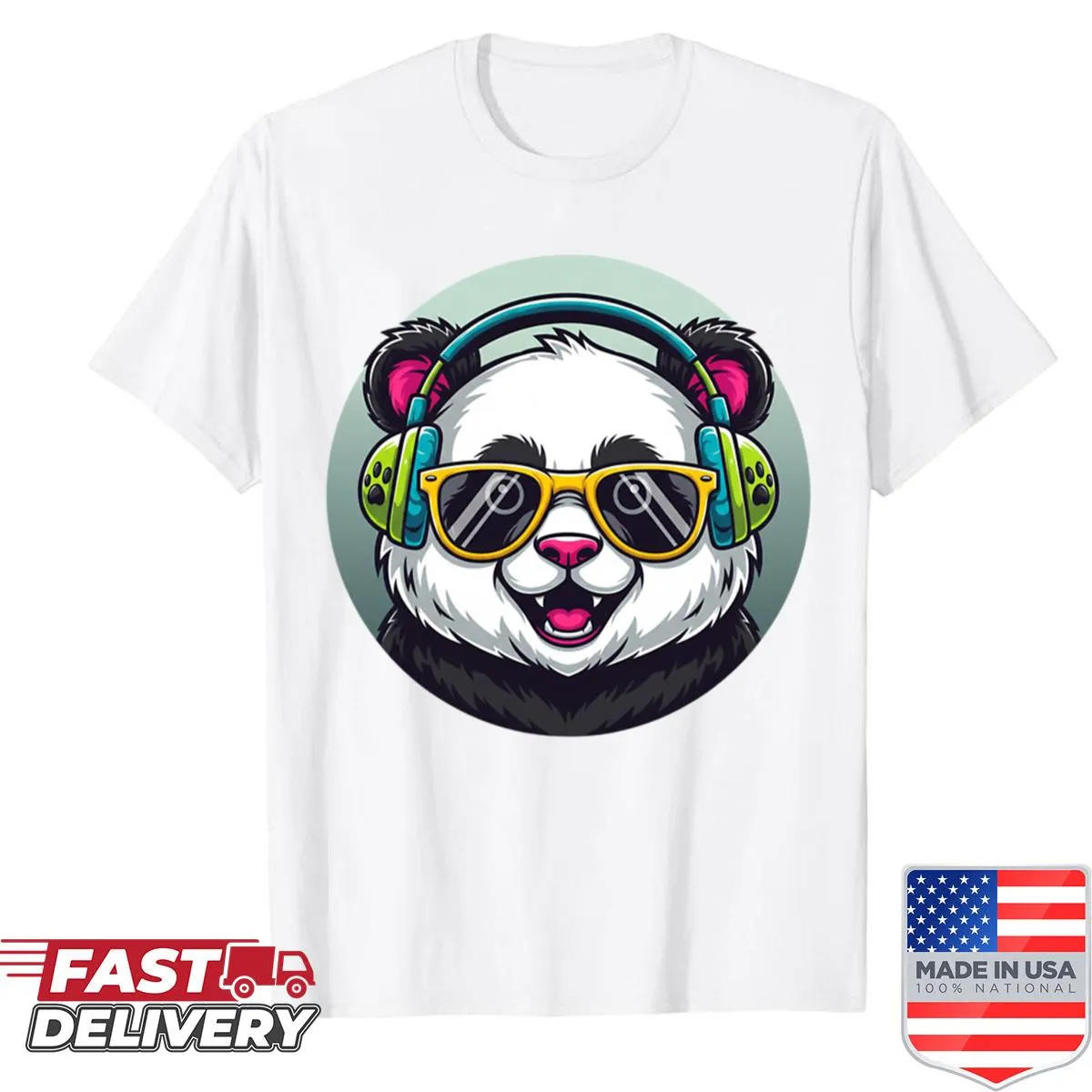 Oversized shirt with a cartoon panda wearing headphones