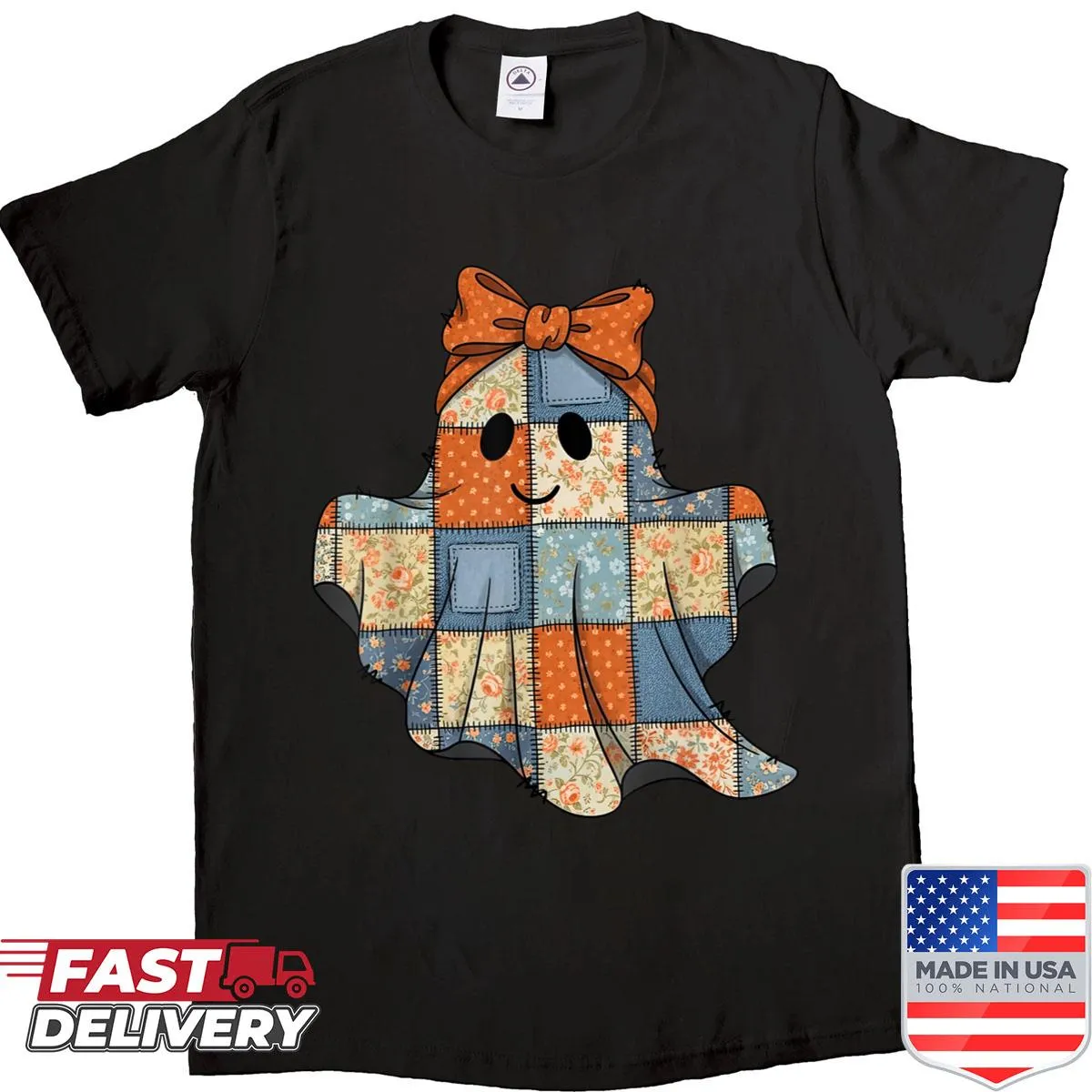 Cute Halloween shirt with floral designs, ghosts, and pumpkins