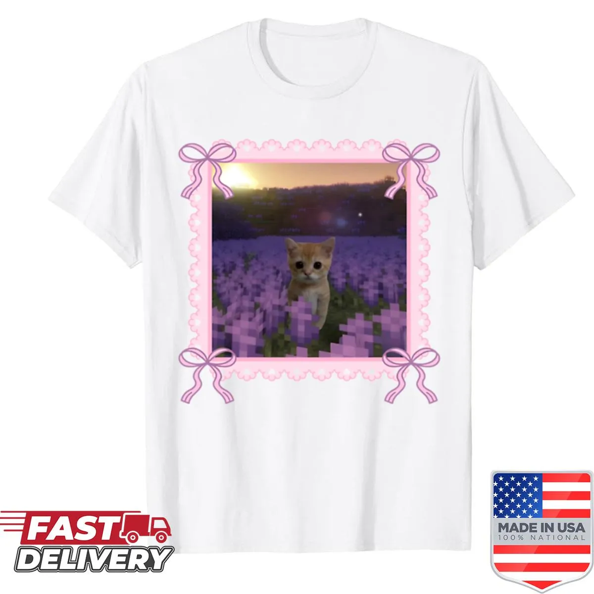 Oversized shirt featuring a cute Minecraft kitty character for kids.