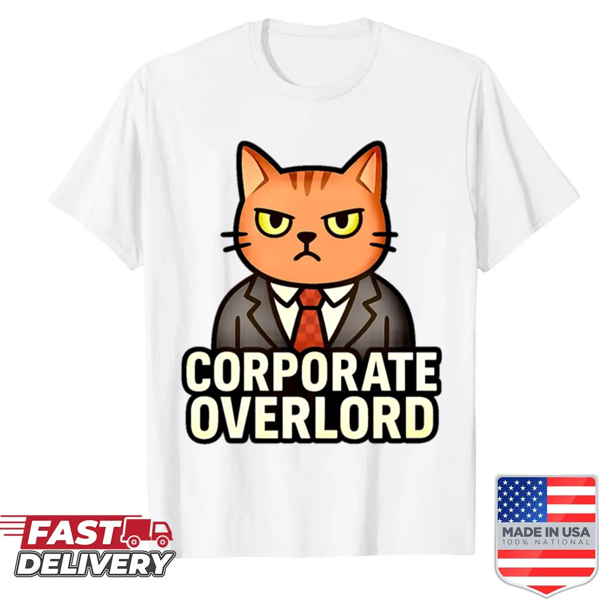Illustrated shirt of a cat in corporate attire with a humorous theme