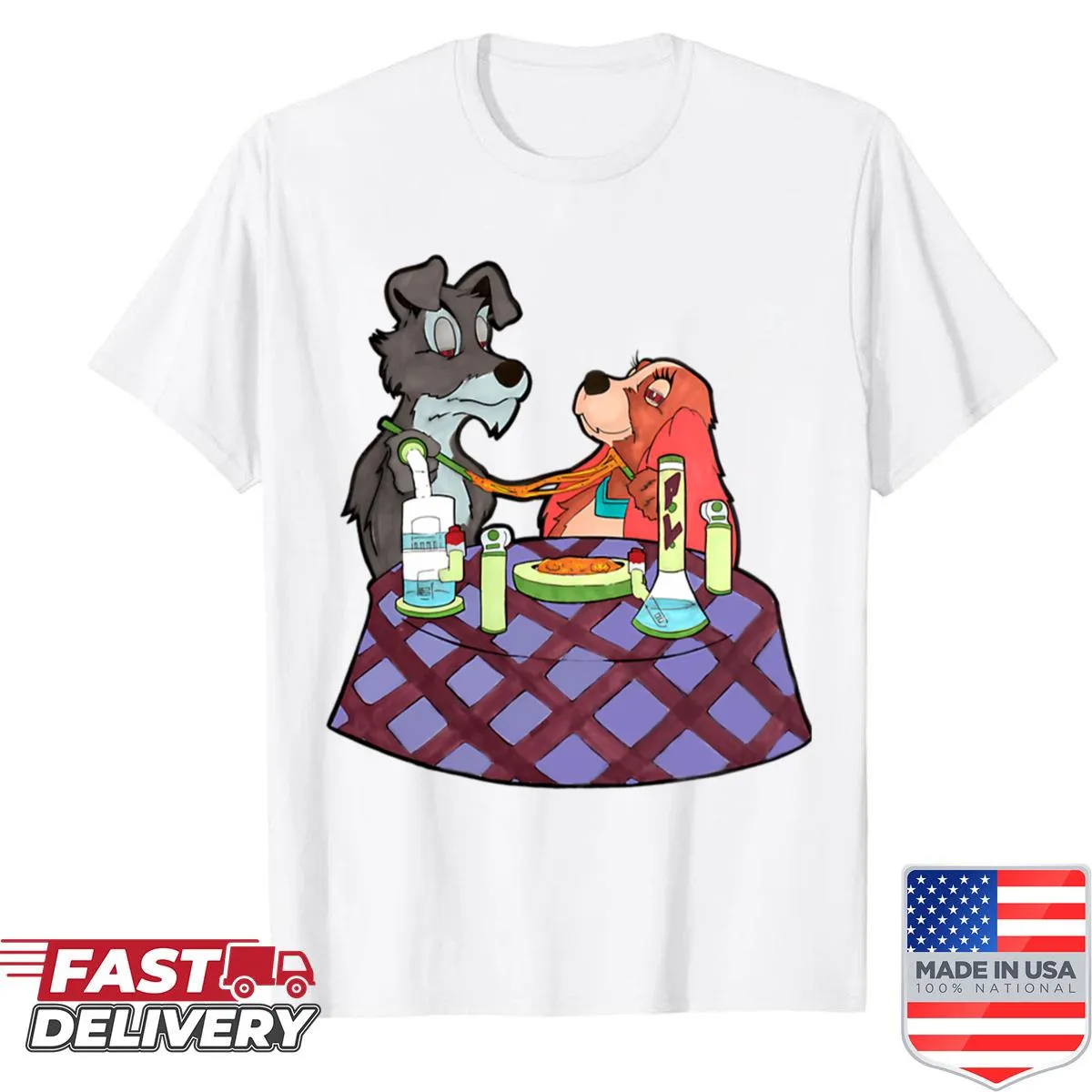 Vintage cartoon shirt depicting dogs enjoying spaghetti and movies