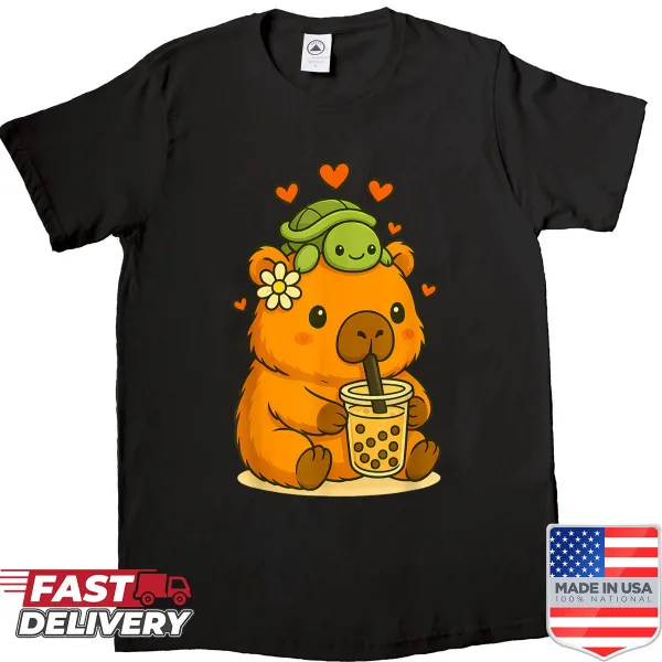 Kawaii anime-style shirt with capybara, turtle, and boba tea graphic