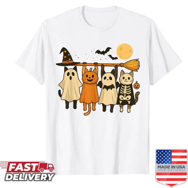 Adorable Halloween-themed shirt with a cat ghost, pumpkin, and skeleton
