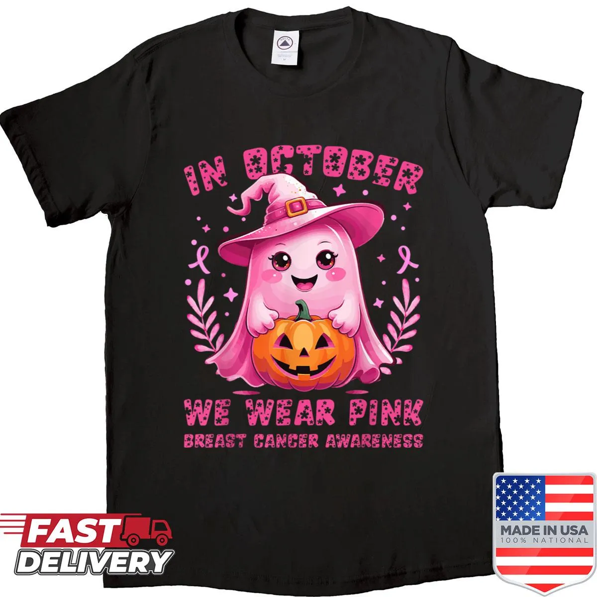 Halloween T-shirt featuring a cute pink ghost and pumpkin design