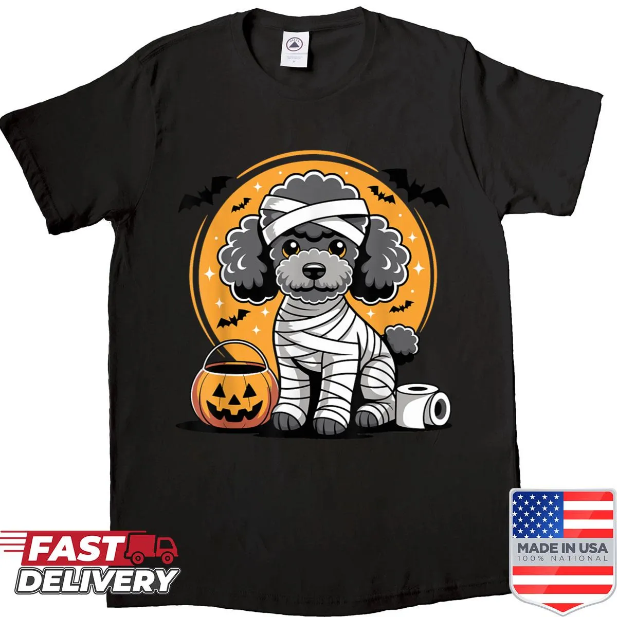 Halloween shirt featuring a cute poodle dressed as a mummy