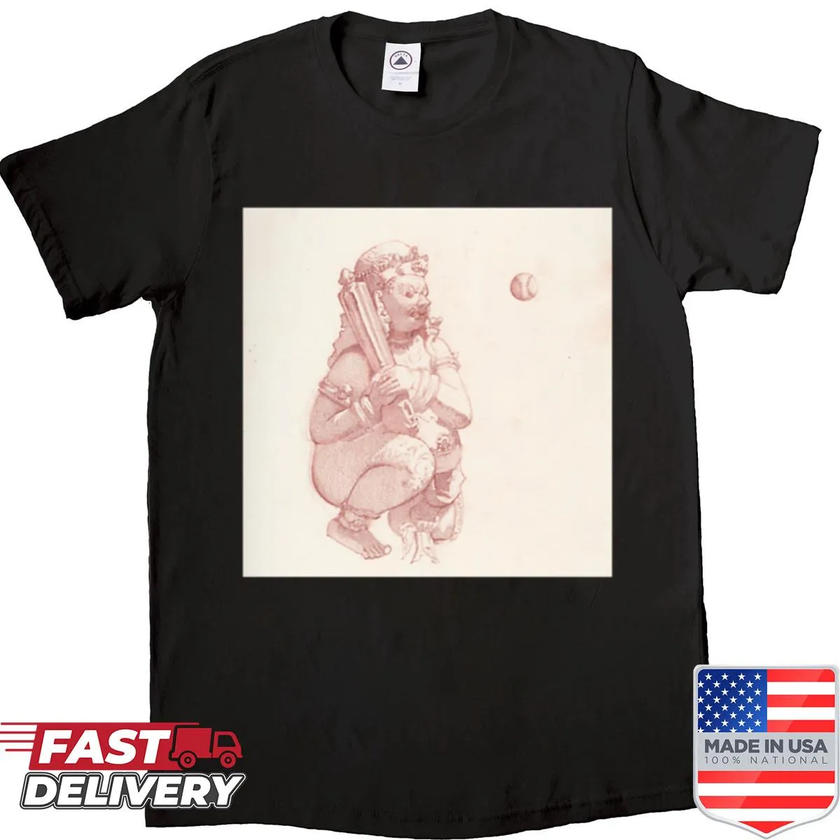 Oversized shirt with a demon playing baseball graphic