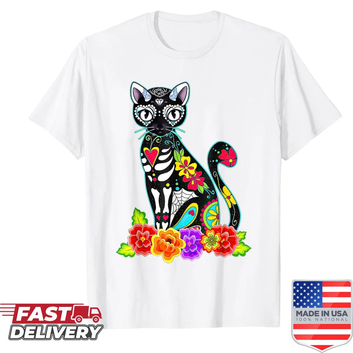 Festive shirt featuring a cat with Day of the Dead designs.