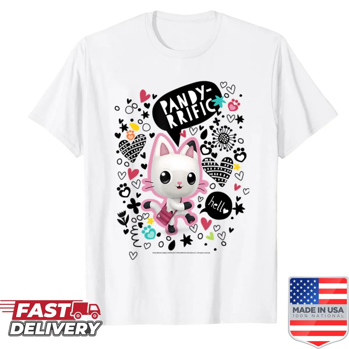 Vintage-style shirt with a cute cat and magical dollhouse graphic.