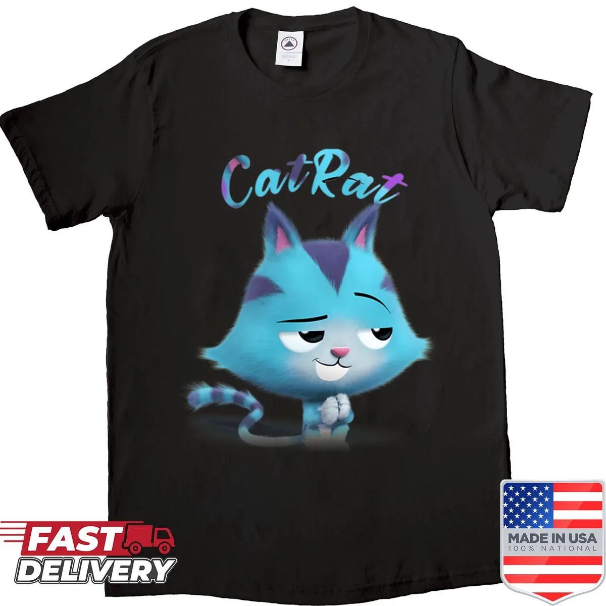 Vintage shirt featuring a cute cat with magical friends in a whimsical design