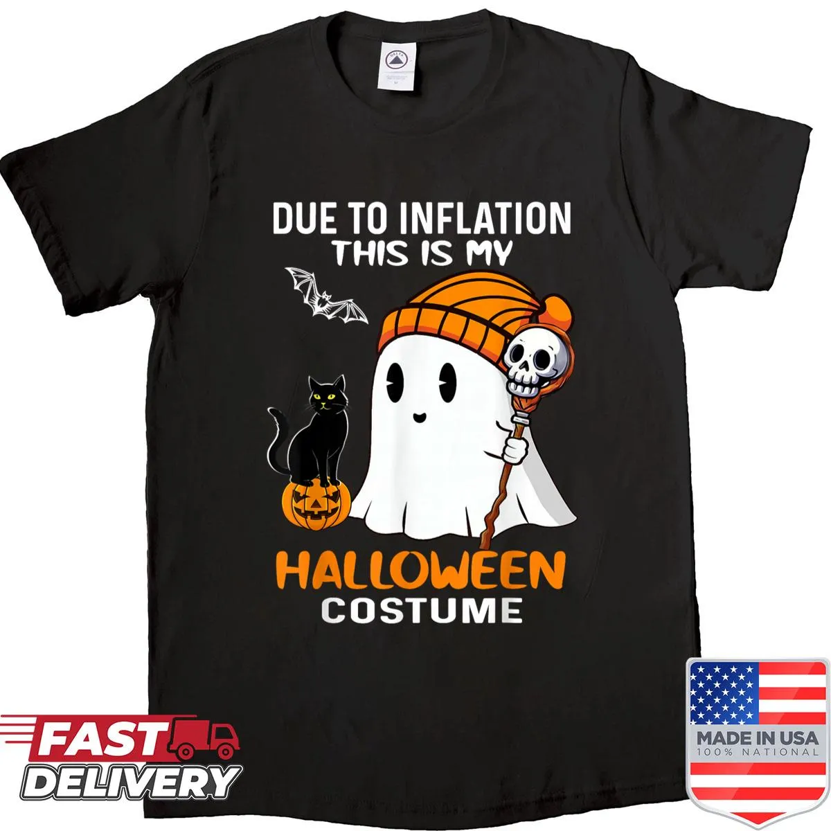 Halloween shirt with ghost cat and pumpkin design