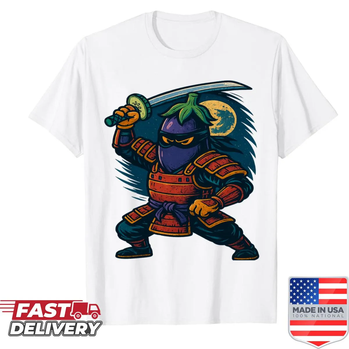 Funny T-shirt featuring an eggplant ninja warrior under a full moon
