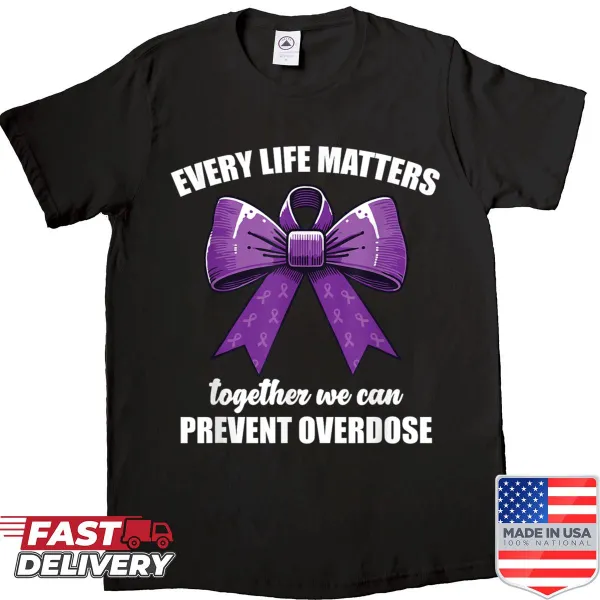 Shirt featuring a prominent purple ribbon symbolizing overdose awareness.