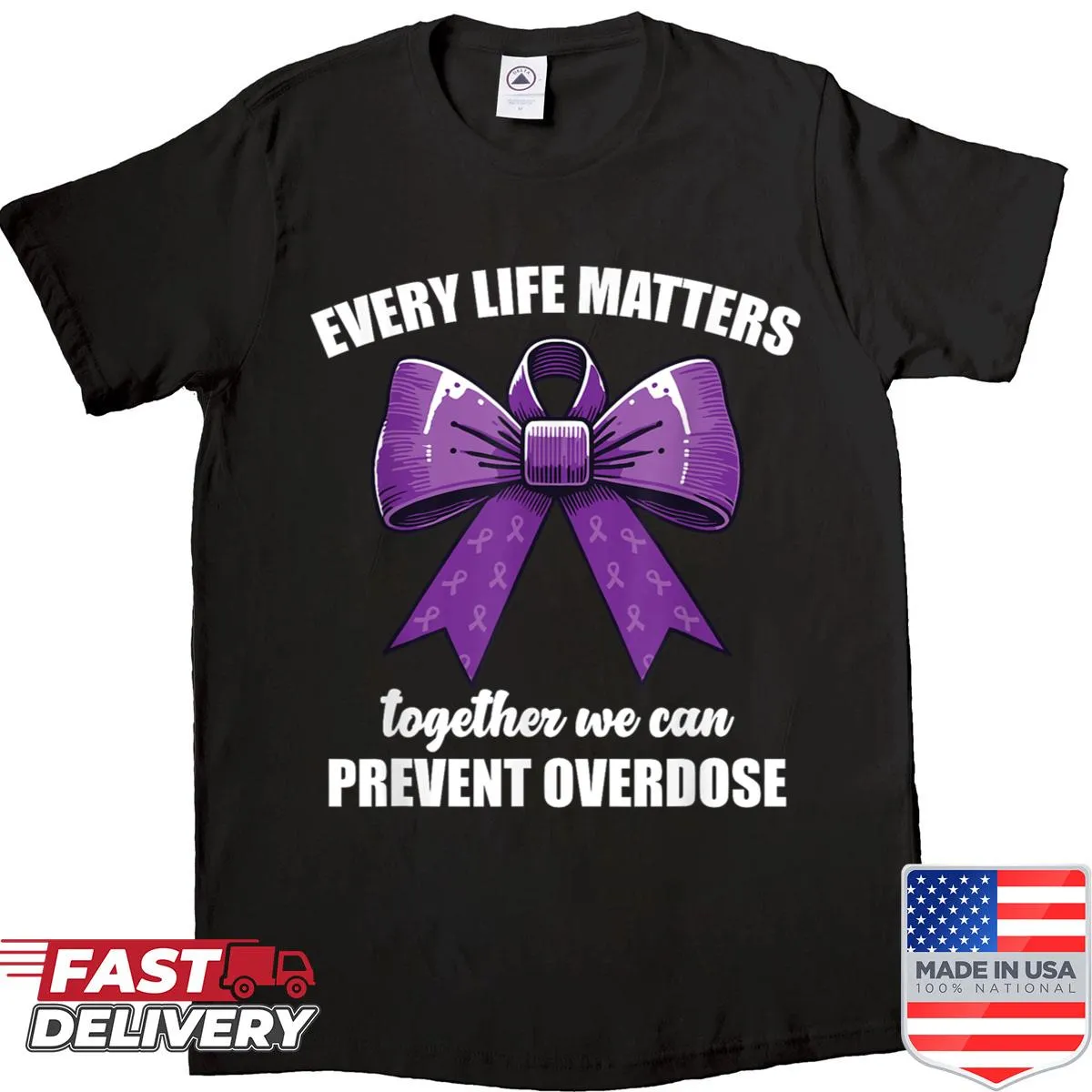Shirt featuring a prominent purple ribbon symbolizing overdose awareness.
