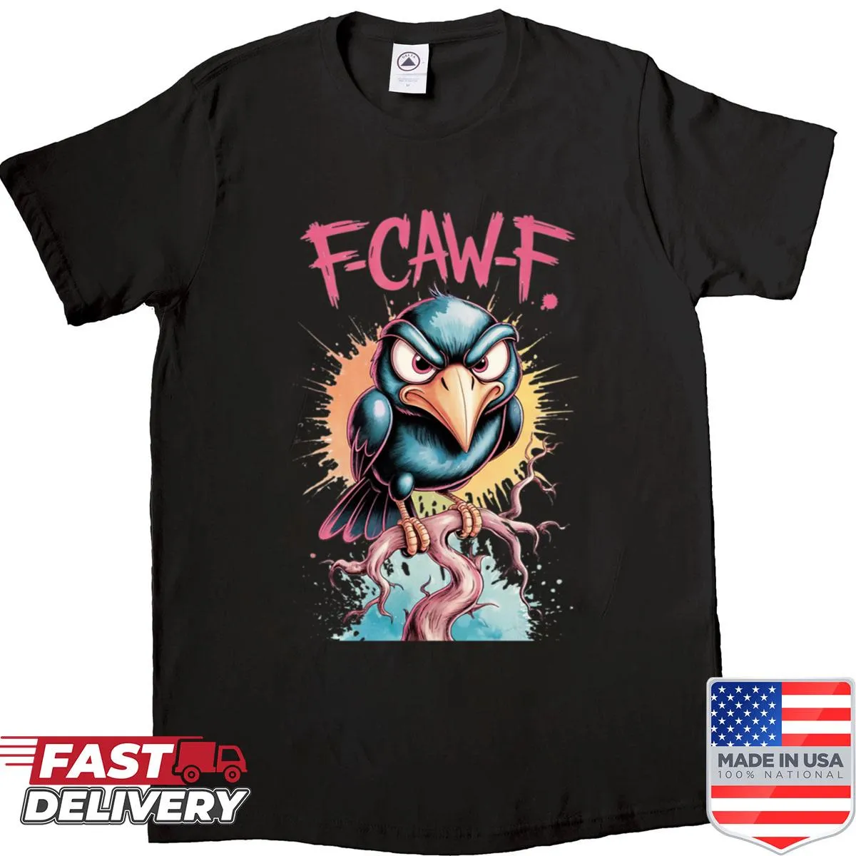 Angry crow illustration with humorous text on a T-shirt