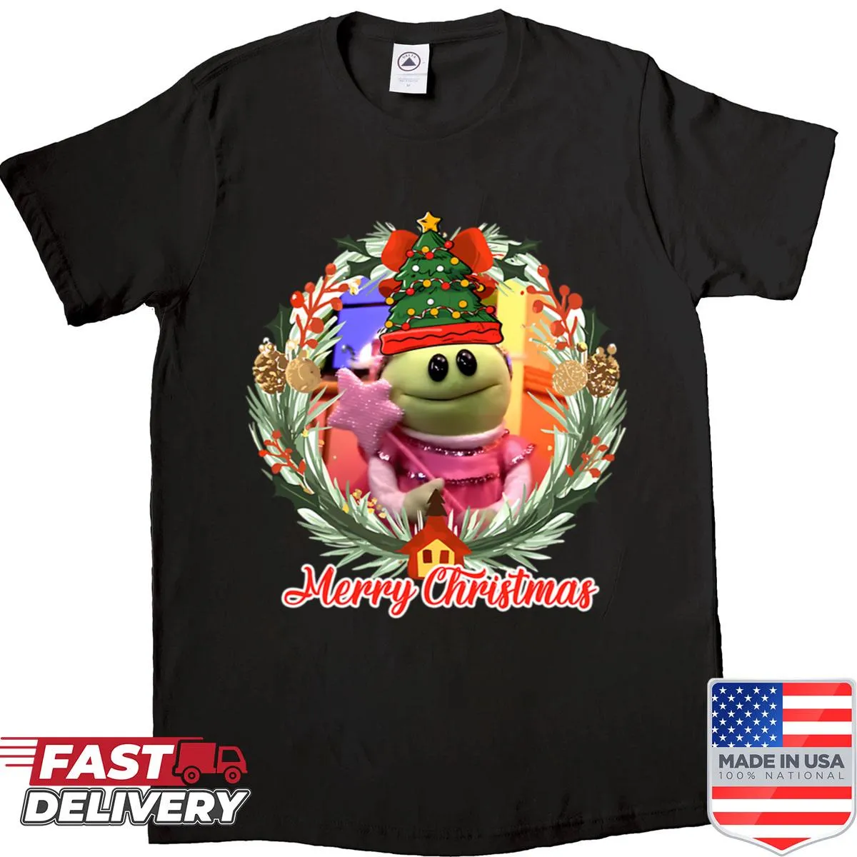 Cute cartoon monster face puppet design on a shirt.