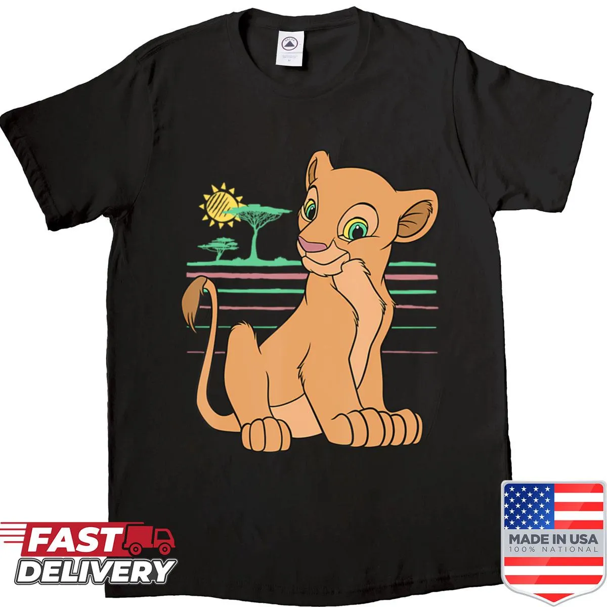 Vintage-style cartoon lion shirt with sunset design