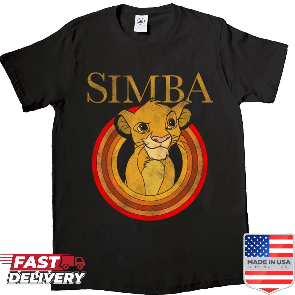 Vintage-style cartoon lion shirt with a sunset theme