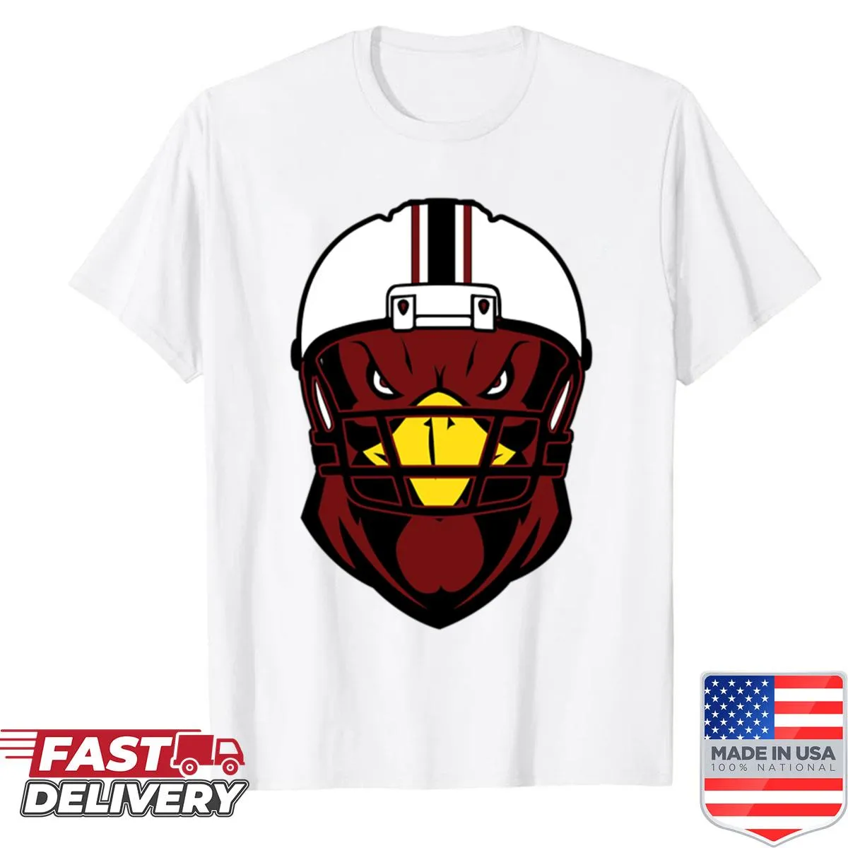 Cartoon rooster in a helmet on a T-shirt