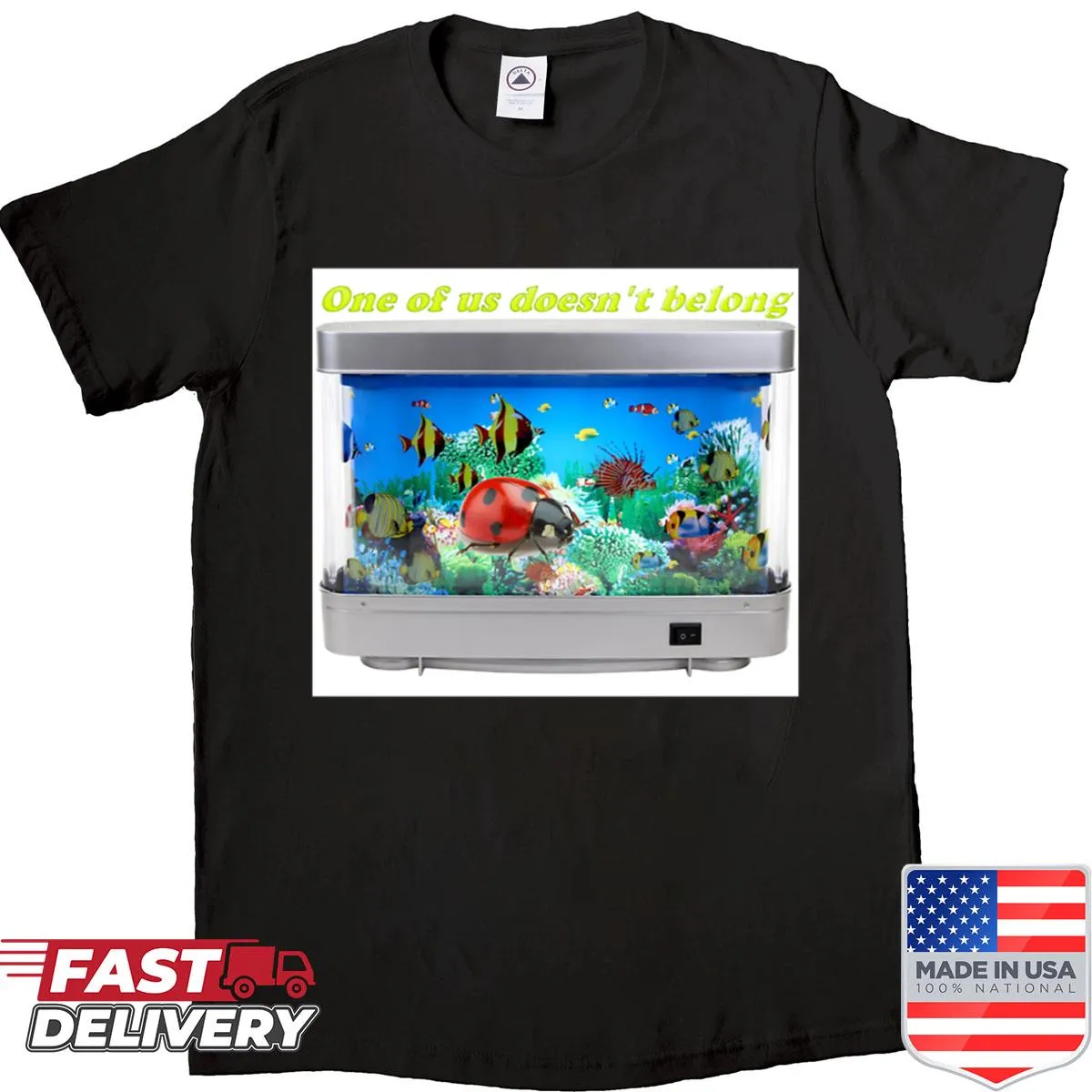 Graphic of a fishtank lamp illustrated on a T-shirt.