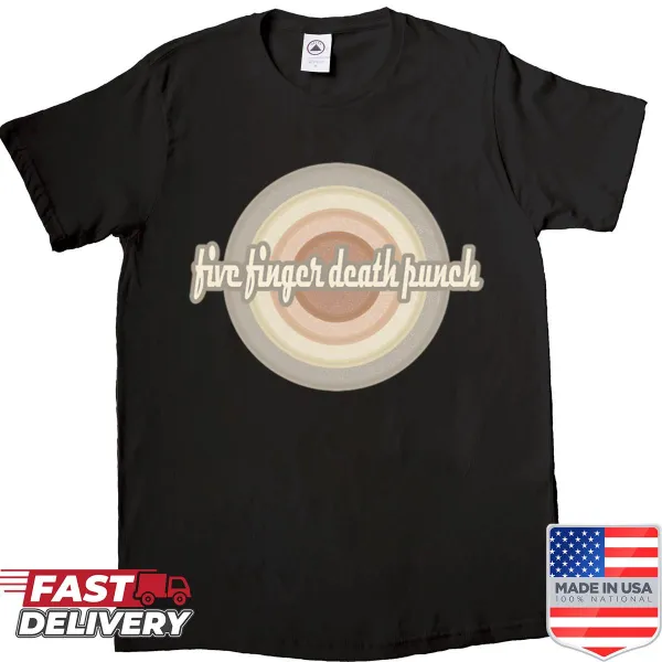 Five Finger Death Punch circle logo graphic on a music-themed t-shirt