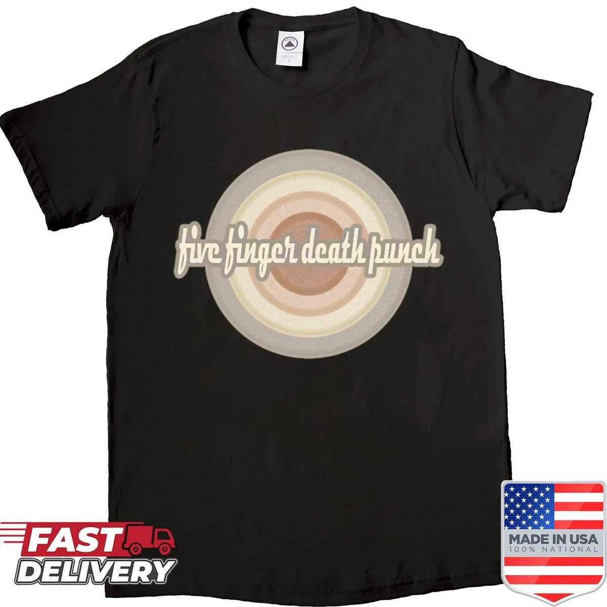 Five Finger Death Punch circle logo graphic on a music-themed t-shirt