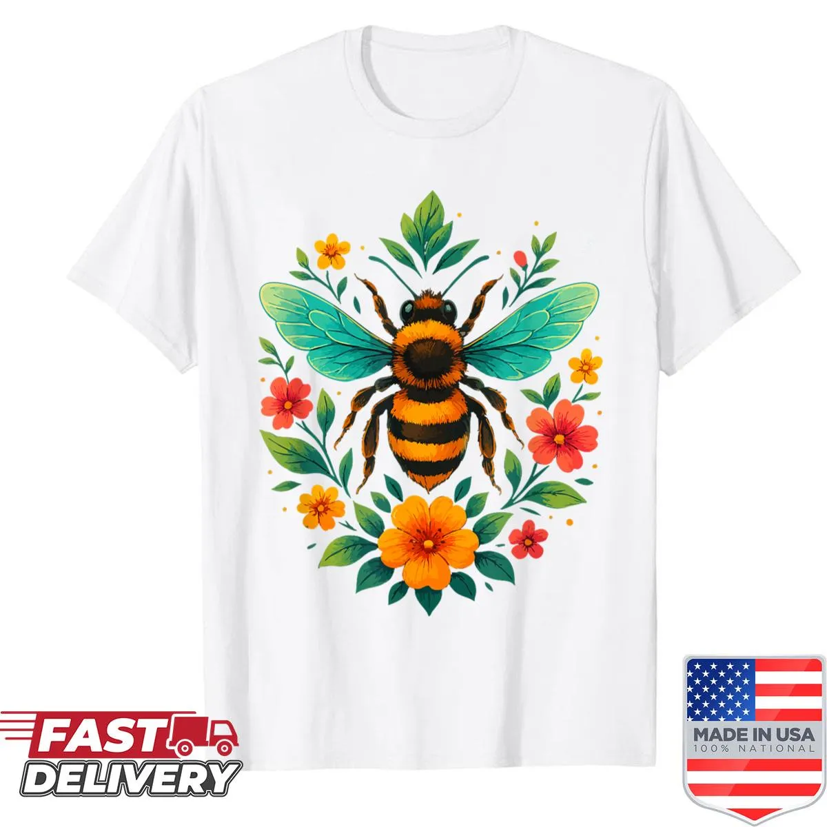 Illustrated floral and bee design for beekeepers on a T-shirt