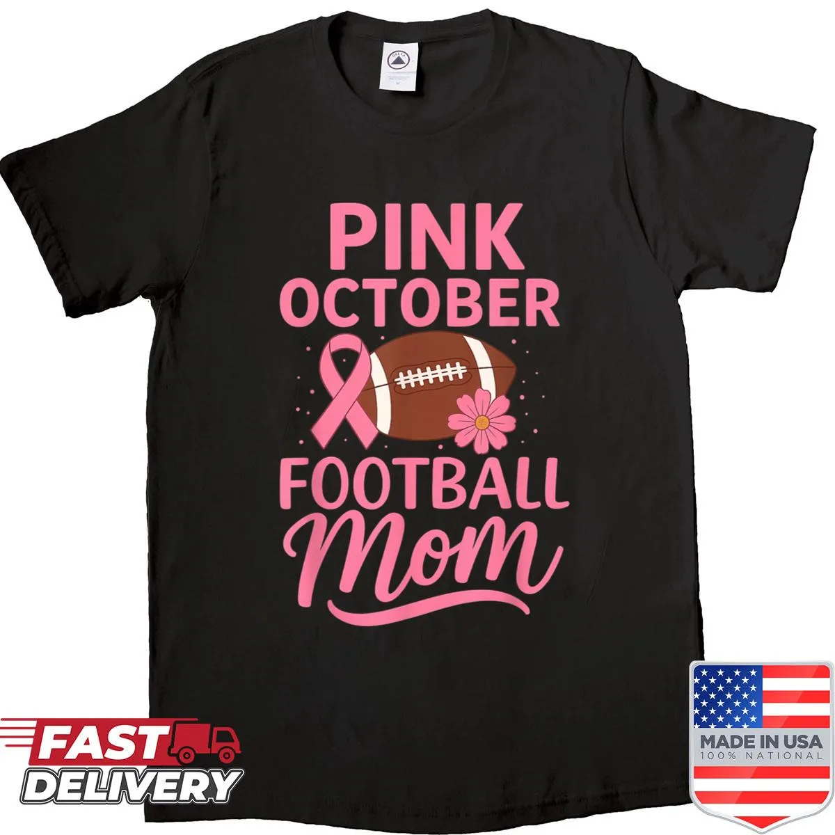 Shirt featuring a pink ribbon for breast cancer awareness with football graphics