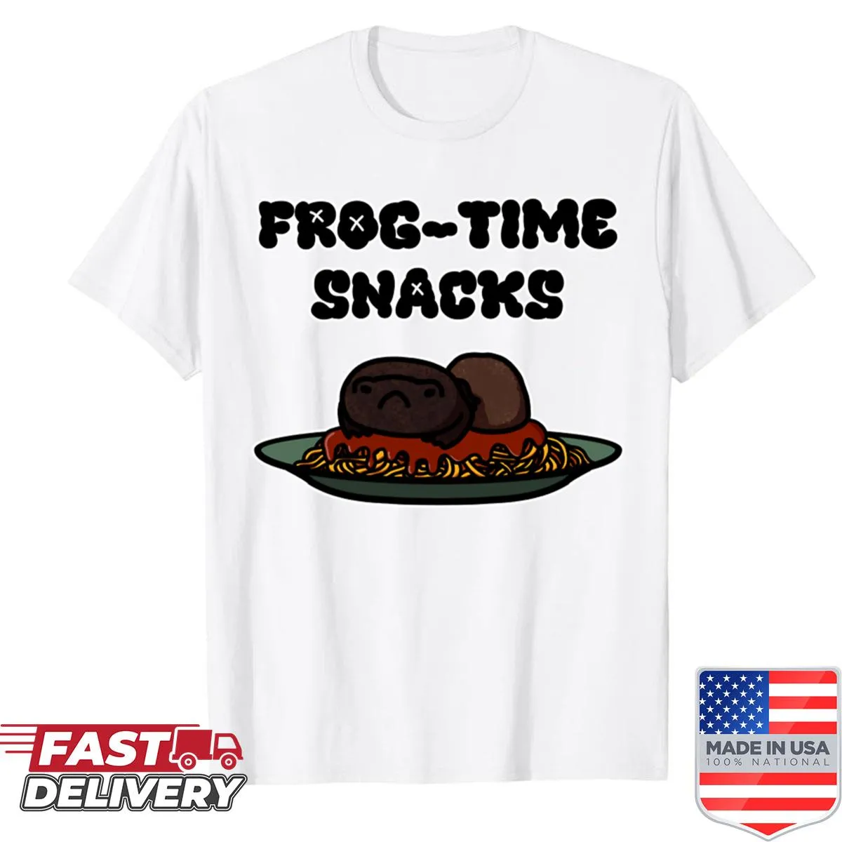 Playful t-shirt featuring a frog eating spaghetti and meatballs