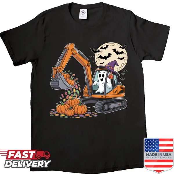 Cartoon shirt featuring excavator driving a pumpkin for Halloween