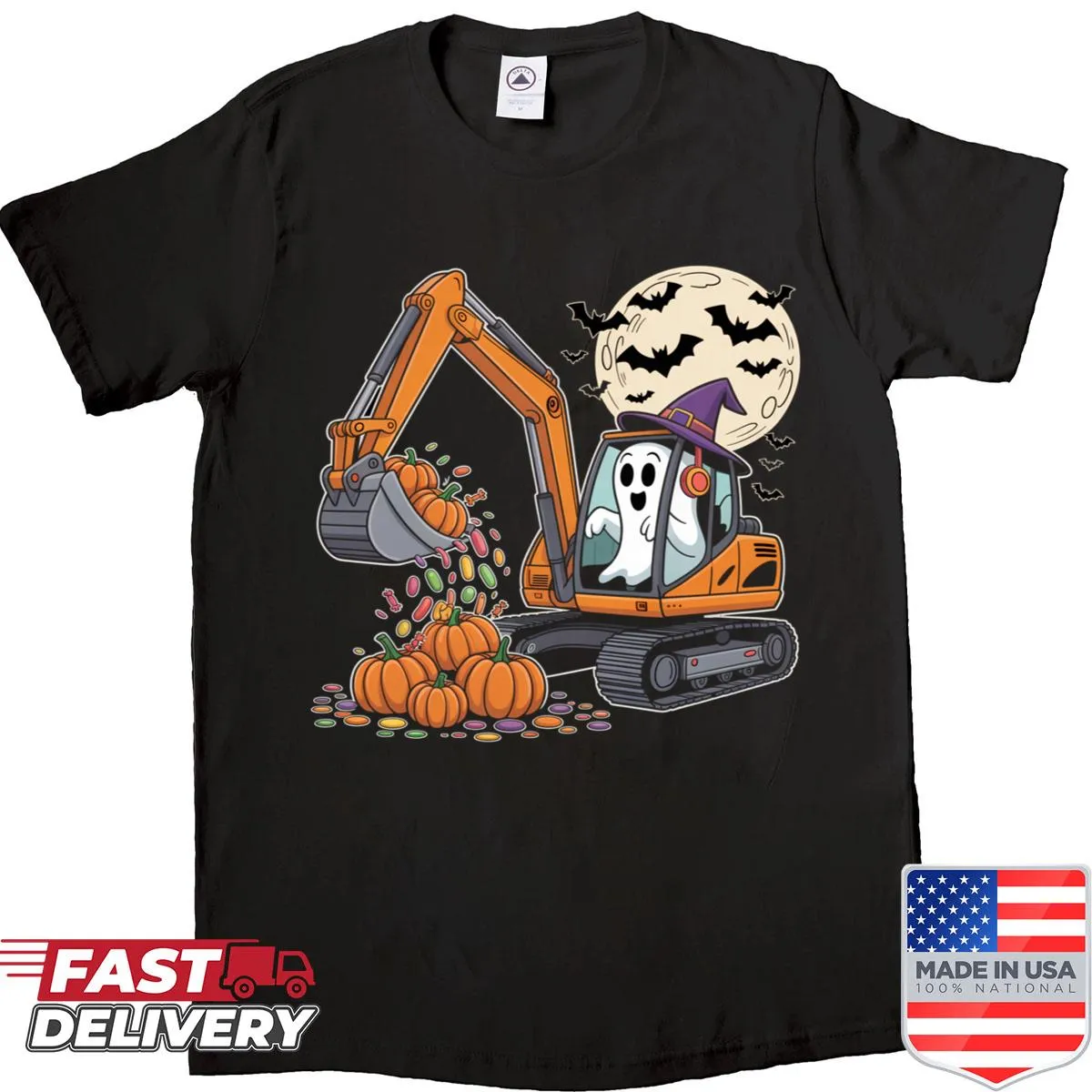 Cartoon shirt featuring excavator driving a pumpkin for Halloween